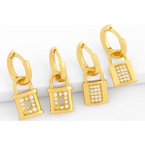 FLOLA Gold Padlock Earrings For Women Small Lock Charm Drop Earrings Dangling Crystal CZ Cubic Zirconia Jewelry Gifts ersv23