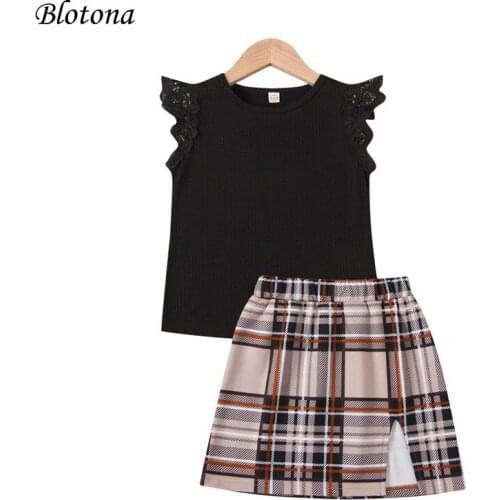 Blotona Stylish Girls Skirt Two Pieces Suit Fashion Solid Color Fly Sleeve T-shirt and Plaid Split Short Skirt 1-6Years