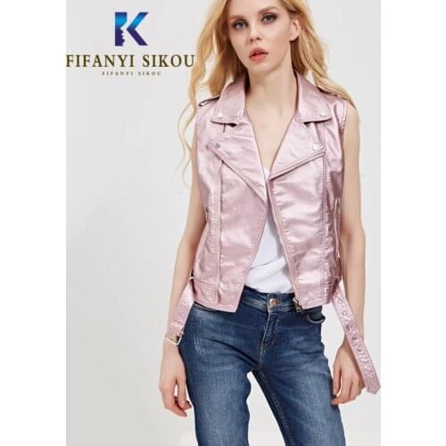 Pink Black PU Lather Jacket Vest Women Fashion Zipper Motorcycle Faux PU Vest Sleeveless Jacket Short Biker Vests Coat Female