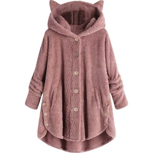 Women Sweater Winter Thicken Warm Fleece Cute Cat Ear Button Coat Korean Kawaii Hooded Pullover Loose Sweater