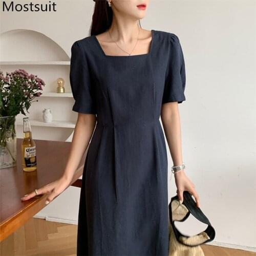 Summer Korean Women Long Dress Short Sleeve Square Collar Belted Midi Dresses Solid Vintage Basic Ladies Vestidos Femme 2021