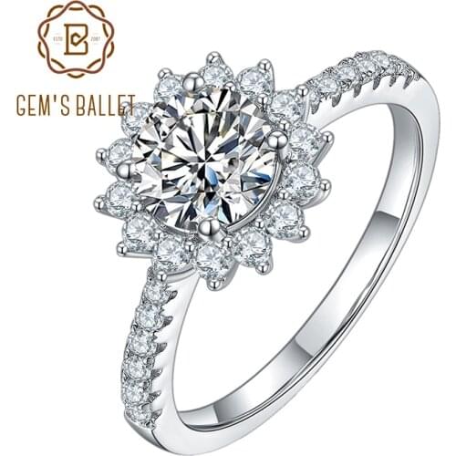GEMS BALLET 925 Sterling Silver Moissanite Ring 1.0Ct 6.5mm VVS1 Moissanite Diamond Sun Flower Engagement Rings For Women