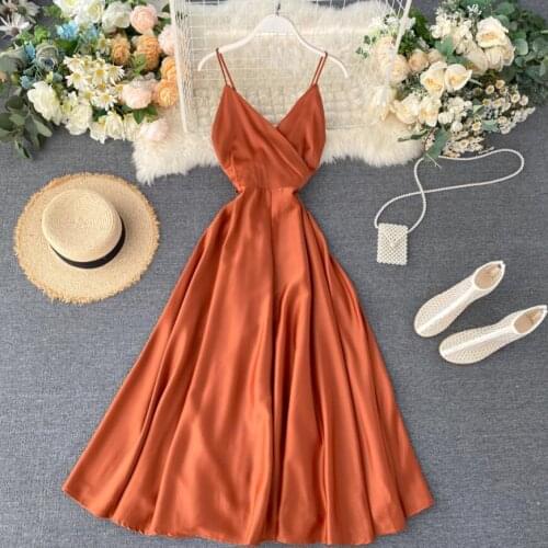 2021 Summer Dress Woman Elegant High waist Spaghetti Strap Midi Dresses Sexy V-neck Backless Bohemia Beach Sexy Dress