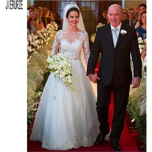 JIERUIZE Princess Wedding Dress Sheer Jewel Neck Bridal Gowns Long Sleeves Beading Lace Appliques Tulle Chapel vestido de novia
