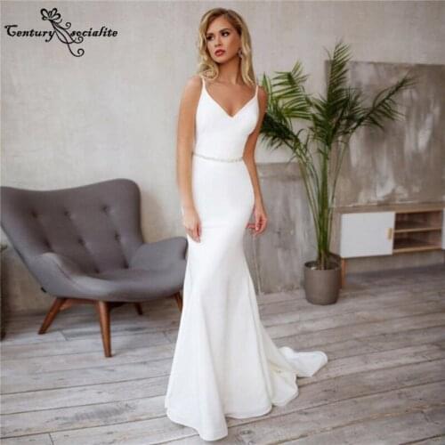 Simple Wedding Dresses Mermaid for Women 2021 Crystal Belt Crepe Bride Reception Dress Bride Gowns Vestido De Noiva