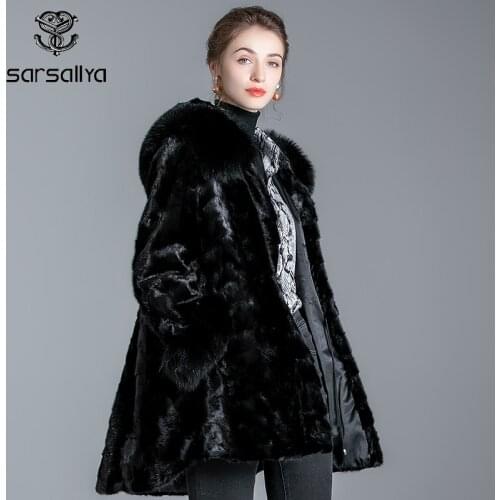 100% Natural Mink Fur Coat Women Winter Imported Mink Scraps Clothes Real Fox Fur Black Hooded Coat Jackets Warm Female Overcoat