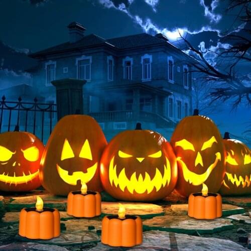 6pcs Halloween Solar Pumpkin Shape Candle Light Halloween Party Atmosphere Lighting Lamp Flashing Haunted House Decor Lamp