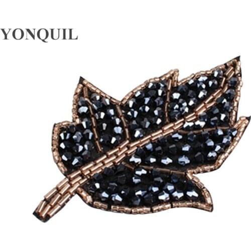 Big Size 10.5*7 CM Leaf Rhinestones Patches Black Embroidery Sew on Clothing Sequin Diamond Dress Hat Applique 12Pcs/Lot SYBB127