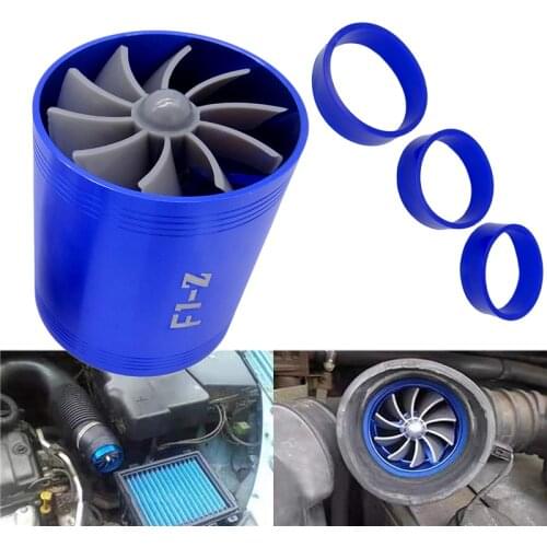 Diameter 65-74mm Car Double Dual Turbo Air Intake Turbine Gas Fuel Saver Fan Turbo Supercharger Turbine for Air Intake Hose Blue