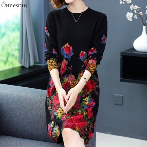 Floral Print Long Sweater Dress Autumn Women Clothing Long Sleeve Top Femme Pullover Plus Size Elasticity Soft Sweaters Women