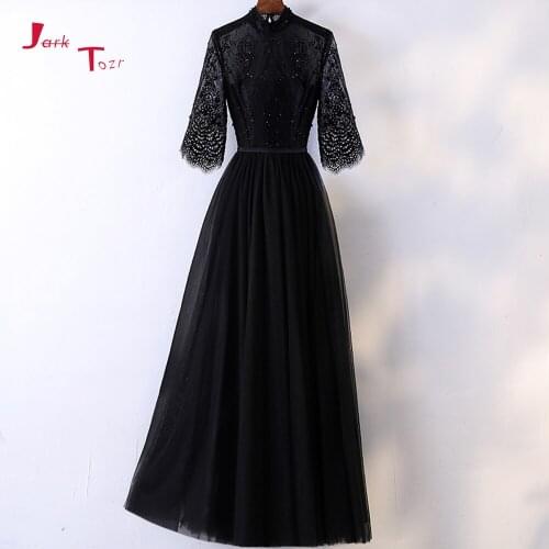 Jark Tozr New Arrive Three Quarter Sleeve Formal Gown Zipper Back Beading Lace Tulle Black Evening Dresses Vestido De Festa