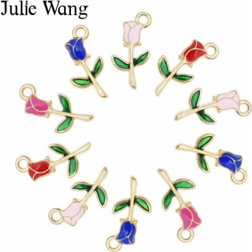 Julie Wang 8PCS Enamel Rose Charm Flowers Pink Red Blue Alloy Gold Tone Necklace Bracelet Earrings Jewelry Making Accessory