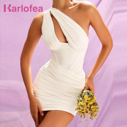 Karlofea Summer Outfits White Dresses For Woman Sexy One Shoulder Irregular Cotton Clothes Boned Corset Club Party Vestidos 2021