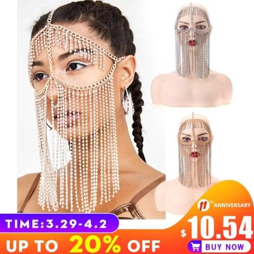 Tassel Veil Masks Handmade Rhinestone Chain Face Mask Dance Party Costume Head Decor Facemask Mesh Net Party Show