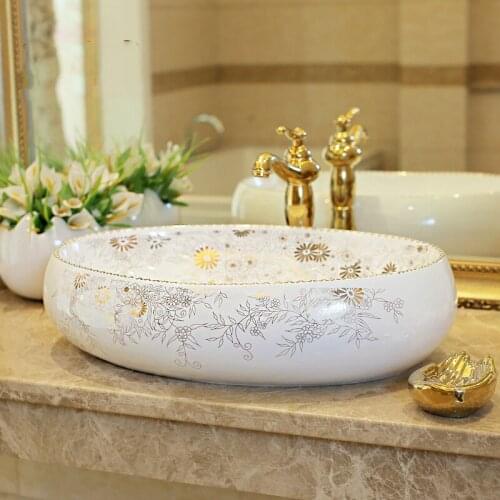China Painting white Ceramic Painting Art Lavabo Bathroom Vessel Sinks oval counter top wash basin
