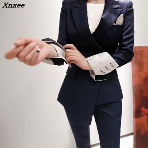 Two pieces set women striped blazer sets suit single breasted formal business pants suits ladies office work wear clothing Xnxee
