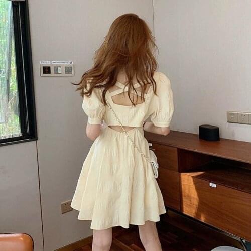 Korean French Vintage Summer Dress Woman One-Piece Hollow Out Sweet Backless WomenS Clothing Dress 2021 High Waist Party Dress