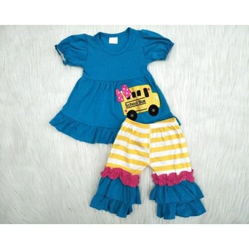 New arrival toddler girl school bus outfit cute cartoon t shirt+elastic stripe pants 2 pcs sets girl back to school outfit