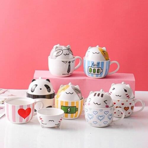 Cartoon Ceramic Coffee Mugs Heat Resistant Travel Cup with Cover Spoon Children Creative Cute Juice Cup Kitchen Drinkware