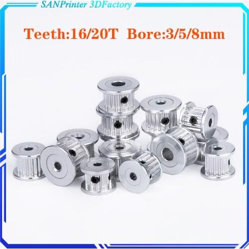 2GT GT2 Aluminum Timing Belt Idler Pulley 16T 20T Teeth Tooth 3mm 5mm 8mm Bore For 3D Printer 6mm Width Timing Belt