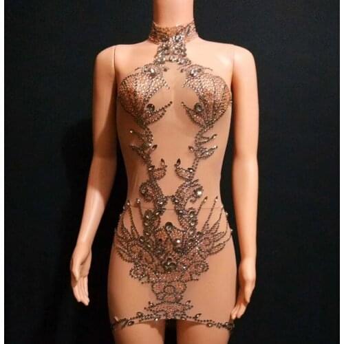 Nightclub Singer DJ Nude Color Mesh Seethrough Dresses Festival Rhinestone Short Dress Dance Costume Women Stage Wear DT1610