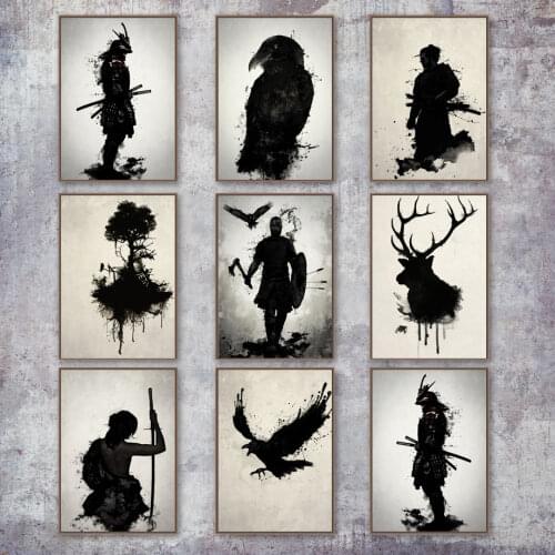 Samurai Warrior Portrait Poster Black and White Canvas Painting Armored Soldier Deer Crow Wall Art Prints for Living Room Decor
