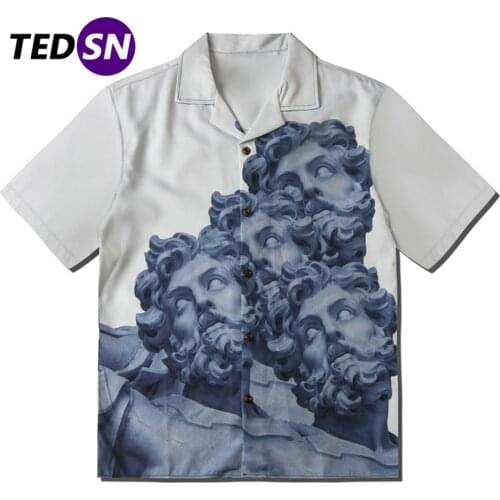 2020 Summer Hip Hop Sculpture Retro Shirt Men Oversized T-Shirts Turn-down Collar Short Sleeve Shirts Vintage Loose Streetwear