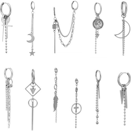 1 PC Stainless Steel Drop Earrings for Men/Women Star Moon Pendant Long Tassel Unisex Hoop Earrings Kpop Suga JIMIN Jewelry