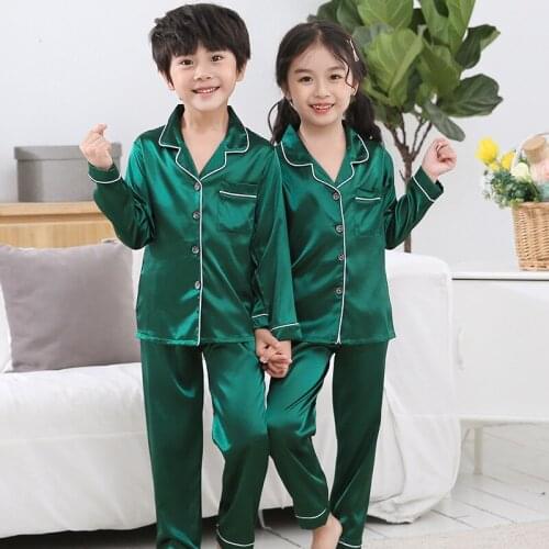Silk Kids Pajamas Baby Spring Summer Long Sleeve Silk Stain Sleepwear Solid Color Childrens Clothing Set Girls Boys Nightwear
