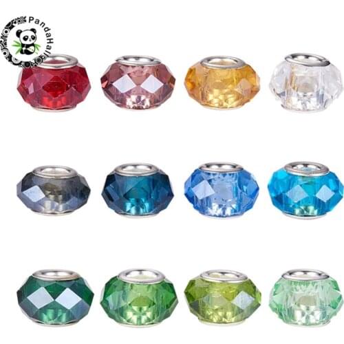 100pcs Mixed Color Glass Large Hole European Beads with Brass Core in Silver Color for Jewelry Making about 14mm wide 9mm long