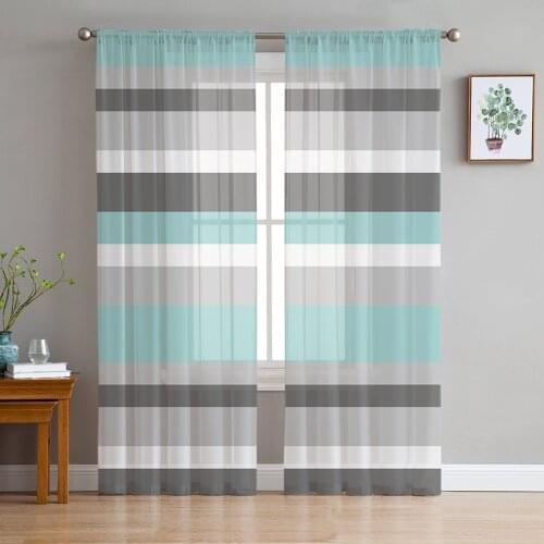 Green Gray White Stripes Geometric Voile Tulle Sheer Curtains for Bedroom Living Room Kitchen Decor Chiffon Windows Curtain