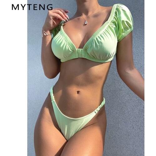 Green Two Piece Set Swimsuit Bikini Summer Puff Sleeve Frilled Bathing Suit Beachwear Sexy Push Up Swimwear Women Thong Biqiuni