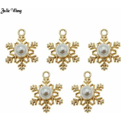 Julie Wang 8pcs Gold Tone Imitation Pearl Snowflake Charm Pendant Women Bracelet Necklace Christmas Decor Craft Accessory17*23mm