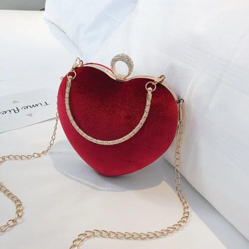 2020 Heart Shaped Velvet Women Evening Bags Metal Chain Shoulder Day Clutches Females Evening Bags Dinner Party Handbags Pursees