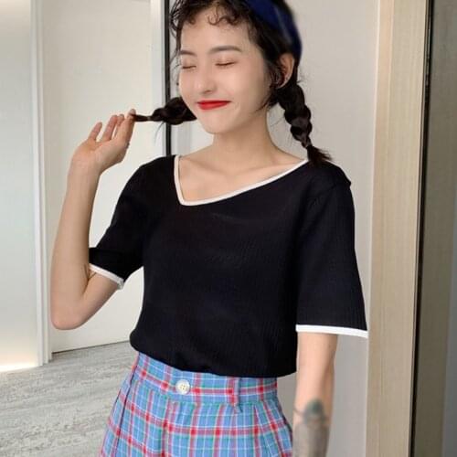 Women Basic Knitted T-shirts Stitching Square Collar Tops Short-Sleeved T-shirt