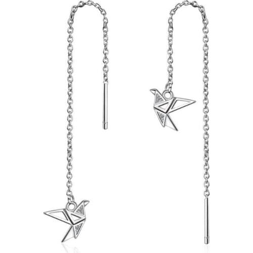KOFSAC 925 Sterling Silver Earrings Girl Jewelry Summer Party Accessories Paper Crane Long Tassel Earrings For Women Cute Gifts
