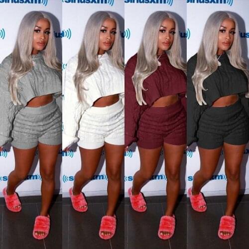 2020 Womens Fashion Short Sweater Two-Piece Sexy Classic Winter Sweater Pure Color Set Autumn Casual Short Top Sweater Set