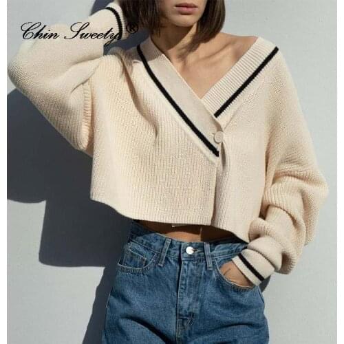 Women Korean Lazy Style Patchwork Knitted Sweaters Autumn Winter Cardigan Fashion Long Sleeve V Neck Loose Casual All-match Tops