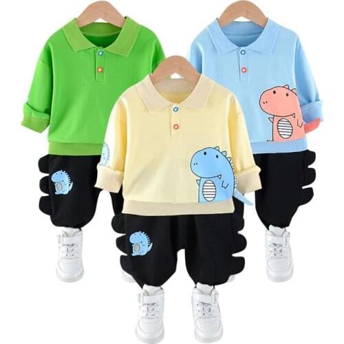 Kids Cartoon Dinosaur Clothes Lapel Long Sleeve Shirt + Black Trousers Suit Infant Boys Girl Casual Vitality Set Children Outfit