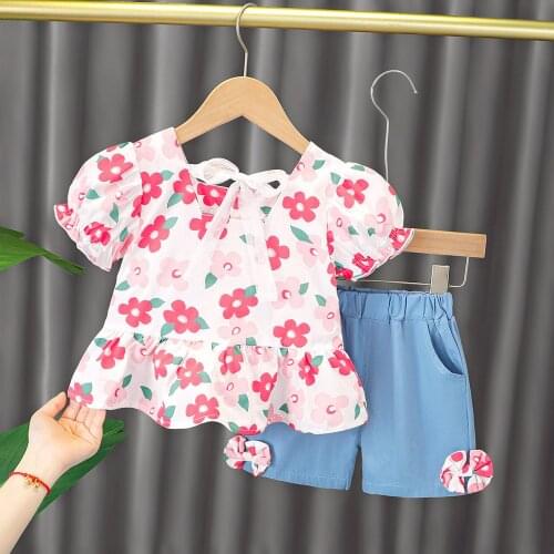 Childrens 2021 Girls Fashion Flower Short-sleeved Set 3 Mesh Red Summer 4-year-old Baby Girls Two-piece Set