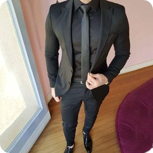 Hot Recommend Two Buttons Black Groom Tuxedos Groomsmen Peak Lapel Mens Suits Blazers (Jacket+Pants+Tie) W:879