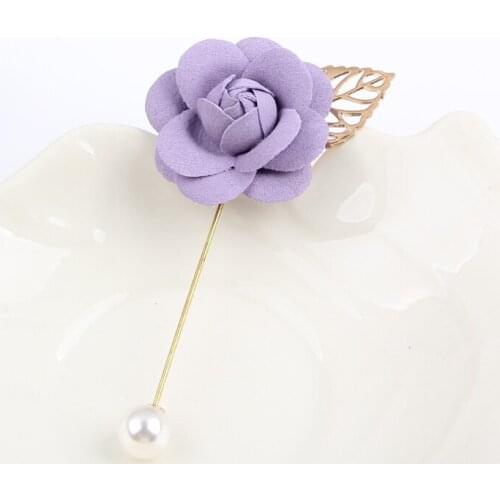 Classic Women Men Fabric Camellia Flower Golden Leaf Artificial Pearls Long Needle Lapel Collar Shirt Pins Brooches Jewelry Gift
