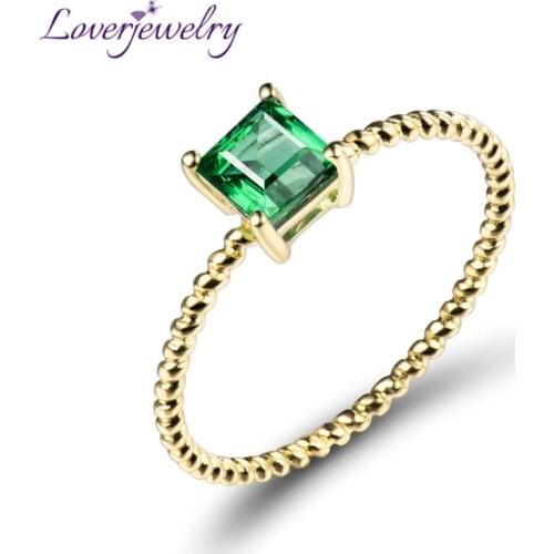 LOVERJEWELRY Simple Emerald Ring Vintage Princess 4.5mm Stone Solid 18kt Yellow Gold Rings For Women