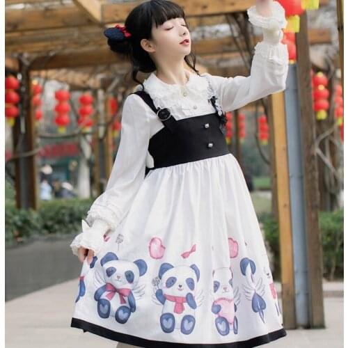 Sweet princess lolita dress cute panda printing high waist black white patchwork victorian dress kawaii girl gothic lolita jsk