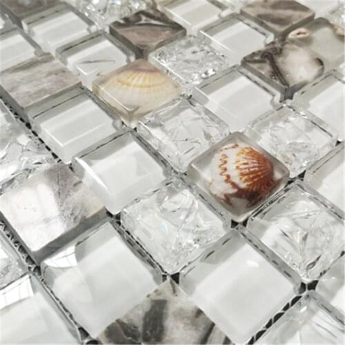 Light Grey Crystal Glass Resin shell Mosaic Tile, Mediterranean Blue White Kitchen Backsplash/Bathroom/Hallway wall tiles