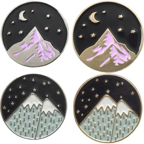 Cartoon Mountain Moon Star Enamel Round Brooch Pin Badge Clothes Backpack Decor woman brooches