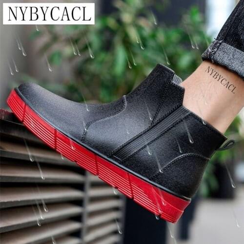 Mens Japanese Short-tube Fashion Outdoor Waterproof Work Shoes Low-top Wear-resistant Solid Color Slip on Youth Rubber Shoes