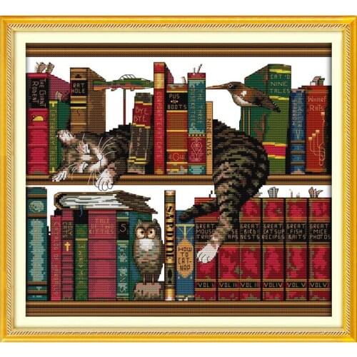 Joy Sunday The Cat on The Shelf Cross Stitch Kits Printed Chinese Embroidery Needlework Decorations Home 11CT 14CT Stamped Sets