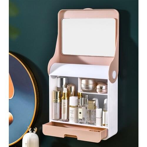 Wall-mounted Cosmetics Storage Box With Mirror Bathroom Makeup Cream Bottles Organizer Box Jewelry Drawer Holder Case Wall Shelf