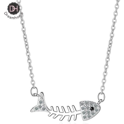 Dreamhonor 2021 New Fashion 925 Sterling Silver Zirconia Fish Bone Pendant Necklaces Jewelry Accessory